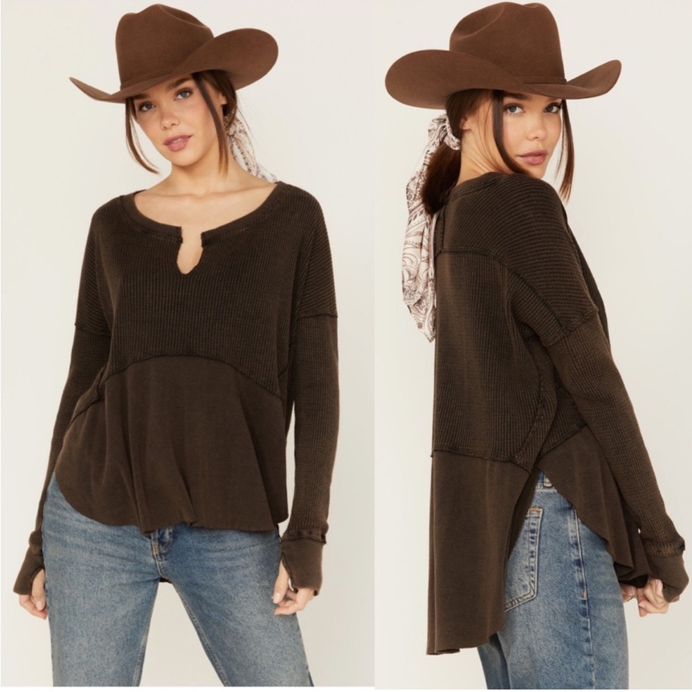 WE THE FREE Montery Thermal Top Waffle Knit Raw Edge Split Neck Oversize…